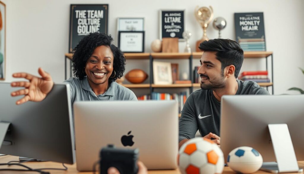 A diverse group of sports coaches engaging in an online video conference, discussing team culture-building strategies. In the foreground, a middle-aged Black female coach with a warm smile gestures towards her screen, while a young Hispanic male coach listens attentively, taking notes. The middle ground features computers and sports paraphernalia, symbolizing teamwork and sportsmanship. In the background, shelves are filled with motivational books and awards, creating an inspiring atmosphere. The lighting is soft and inviting, mimicking a cozy office environment, while capturing a slightly elevated angle for a dynamic perspective. The overall mood is collaborative and supportive, reflecting the importance of leadership in fostering a positive online sports community.