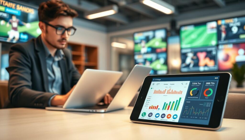 A dynamic scene illustrating database management for mobile sports apps, featuring a professional setting. In the foreground, a young developer, dressed in smart casual attire, is focused on a laptop displaying sports statistics and app interfaces. The middle ground showcases a sleek digital tablet showing a sports app design, with colorful graphs and analytics related to sports data. The background features a modern office environment with tech-themed decor, including wall screens displaying real-time sports events and data flows. Soft ambient lighting creates a productive atmosphere, while a shallow depth of field emphasizes the developer's concentration. The overall mood is innovative and creative, capturing the essence of technology in sports app development. A dynamic scene illustrating database management for mobile sports apps, featuring a professional setting. In the foreground, a young developer, dressed in smart casual attire, is focused on a laptop displaying sports statistics and app interfaces. The middle ground showcases a sleek digital tablet showing a sports app design, with colorful graphs and analytics related to sports data. The background features a modern office environment with tech-themed decor, including wall screens displaying real-time sports events and data flows. Soft ambient lighting creates a productive atmosphere, while a shallow depth of field emphasizes the developer's concentration. The overall mood is innovative and creative, capturing the essence of technology in sports app development.