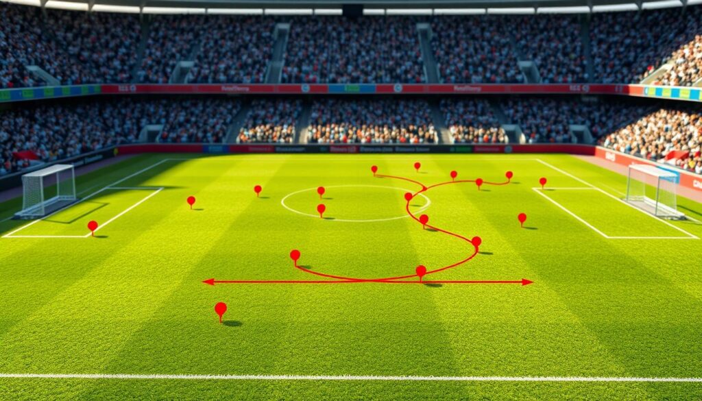 A dynamic sports data visualization pitch map, showcasing a detailed heatmap of player movements on a football field. The foreground features vivid colored markers representing player positions, with overlays of arrows indicating passes, tackles, and key plays. In the middle ground, a smooth gradient transition from a grassy pitch to a semi-transparent layer displaying numerical analytics and player statistics. The background depicts a stylized, blurred crowd in stadium colors, creating an engaging yet unobtrusive atmosphere. The lighting is bright and clear, mimicking daylight at a sporting event, enhancing the visualization's clarity. Captured from a slightly elevated angle to provide a comprehensive view, the overall mood reflects excitement and strategic analysis in sports.
