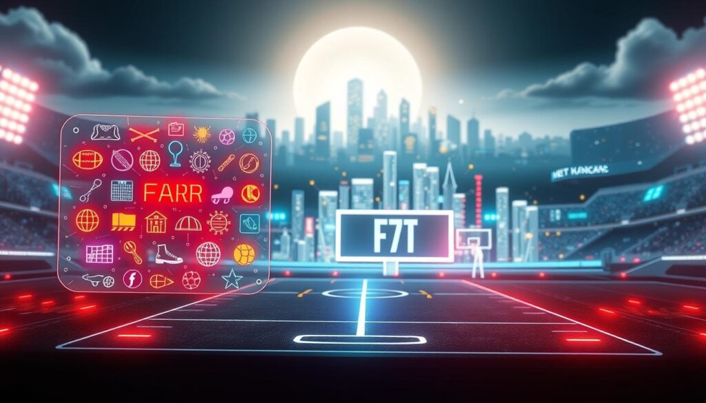 A futuristic digital landscape depicting the concept of fair play rules in youth sports. In the foreground, a vibrant holographic display showcases a diverse range of symbols representing integrity, teamwork, and rules in sports, surrounded by stylized icons of various sports equipment. The middle ground features a sleek digital scoreboard with glowing edges, emanating a sense of transparency and fairness. In the background, an abstract cityscape of interconnected technology, symbolizing connectivity and ethical standards in sports, looms under a bright, luminous sky. The scene is illuminated with soft, ethereal lighting, creating an atmosphere of optimism and progression. Use a wide-angle lens to capture the full depth of this engaging environment, enhancing the sense of innovation and integrity in youth sports.