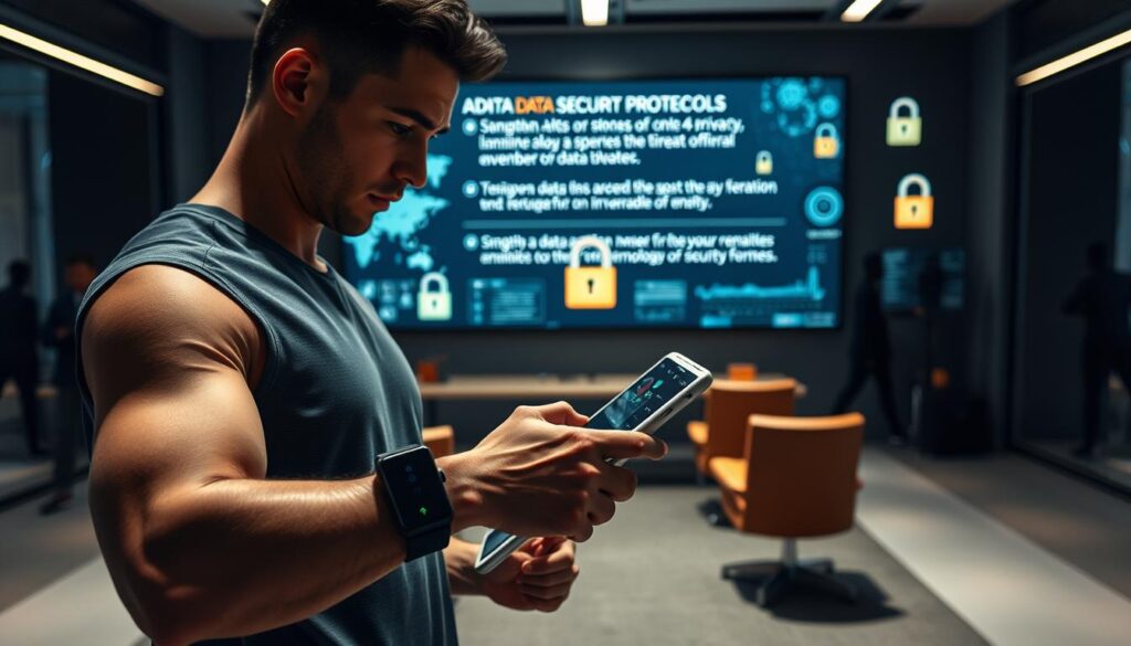 A futuristic office space showcasing data privacy and security concerns in wearable technology. In the foreground, a modern athlete wearing a sleek smartwatch and fitness tracker while using a digital tablet, demonstrating concerns over biometric data privacy. In the middle background, a large screen displays alerts about data breaches and security protocols, surrounded by abstract data visualizations and padlocks, symbolizing protection. The backdrop features blurred silhouettes of athletes training, emphasizing the focus on performance amidst privacy risks. Use dramatic, soft lighting to create a serious yet hopeful atmosphere, suggesting the balancing act of technology and personal data security. Capture the scene from a slight aerial angle to engage the viewer.