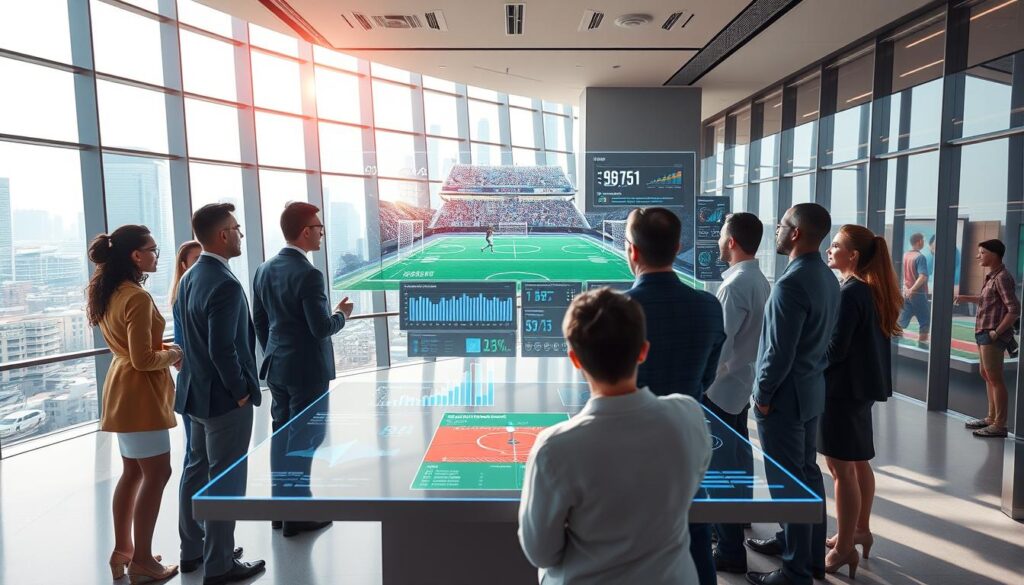 A futuristic sports analytics studio, showcasing advanced technology for youth athletics. In the foreground, a diverse group of professionals dressed in smart business attire is engaged with holographic screens displaying complex data visualizations like player stats, performance metrics, and predictive analysis. The middle layer features interactive sports imagery, with digital graphs and real-time statistics projected on floating displays, illustrating players in action on a vibrant virtual sports field. The background features a sleek, modern architecture with large windows overlooking a bustling cityscape, where daylight filters in, creating a bright atmosphere. The mood is dynamic and innovative, symbolizing the cutting-edge integration of data analytics in sports. Wide-angle lens perspective enhances depth, capturing both the human element and technological sophistication.
