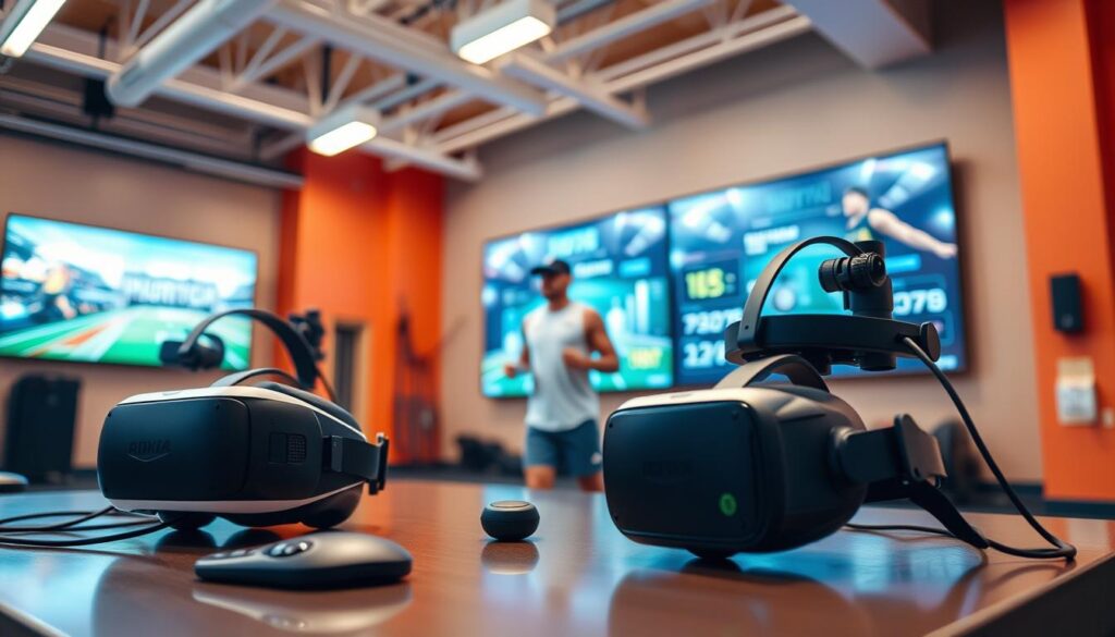 A high-tech VR sports training equipment setup displayed in a modern, well-lit gym. In the foreground, sleek VR headsets and motion-tracking sensors are neatly arranged on a polished table. The middle ground features an athlete in professional sports attire, engaging with interactive VR training devices, showcasing their commitment to advanced training methods. In the background, high-resolution screens display dynamic virtual environments and performance metrics, enhancing the immersive training experience. The atmosphere is energetic and focused, with bright overhead lights creating a vibrant ambiance. The angle captures the setup from a slightly elevated perspective, emphasizing the combination of physical and digital training elements in this innovative space.