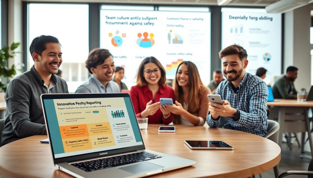 A modern office environment filled with diverse professionals engaged in positive discussions around anti-bullying tech tools. In the foreground, a laptop displays an innovative reporting interface with features for users to report bullying anonymously. In the middle, cheerful team members collaborate at a round table, one using a smartphone showcasing an app designed for online safety. The background features a large screen displaying infographics on team culture and community engagement against bullying. Bright, natural lighting filters through large windows, creating an inviting and hopeful atmosphere. The scene captures a sense of teamwork, support, and proactive engagement, emphasizing the role of technology in fostering a safe and inclusive environment.