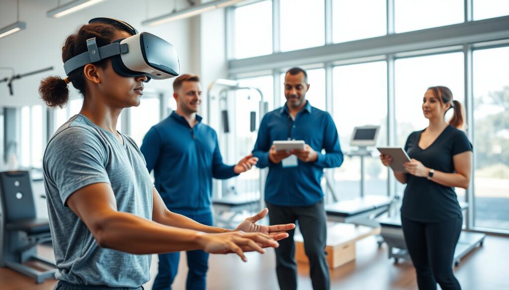 A modern rehabilitation therapy room featuring a virtual reality setup for athletes recovering from injuries. In the foreground, a diverse athlete in professional athletic wear is engaged in a VR exercise, wearing a lightweight VR headset, with motion sensors on their limbs, showing concentration and determination. In the middle ground, a physical therapist observes and provides guidance, equipped with a tablet displaying the patient's progress. The background includes state-of-the-art rehabilitation equipment and large windows letting in bright, natural light, creating an uplifting atmosphere. The scene conveys hope and innovation in athletic recovery, captured from a slightly elevated angle to highlight the interaction between the athlete and the therapist, with soft focus on the equipment to emphasize the human elements.