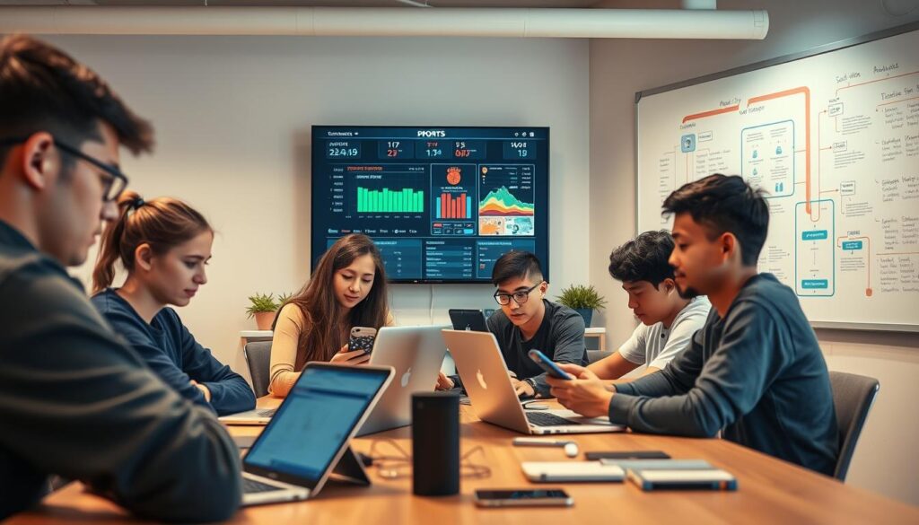 A modern workspace focused on testing and quality assurance for sports apps. In the foreground, a diverse group of young developers, including a Caucasian girl and an Asian boy, are intently analyzing code on laptops, surrounded by test devices like smartphones and tablets. The middle ground features a wall-mounted screen displaying app performance metrics and live feedback data. In the background, a large whiteboard filled with diagrams and flowcharts that highlight the app's testing phases. Soft, ambient lighting creates a focused, collaborative atmosphere, while warm tones convey a sense of inspiration and productivity. Captured at a slightly elevated angle to emphasize teamwork and engagement. A modern workspace focused on testing and quality assurance for sports apps. In the foreground, a diverse group of young developers, including a Caucasian girl and an Asian boy, are intently analyzing code on laptops, surrounded by test devices like smartphones and tablets. The middle ground features a wall-mounted screen displaying app performance metrics and live feedback data. In the background, a large whiteboard filled with diagrams and flowcharts that highlight the app's testing phases. Soft, ambient lighting creates a focused, collaborative atmosphere, while warm tones convey a sense of inspiration and productivity. Captured at a slightly elevated angle to emphasize teamwork and engagement.