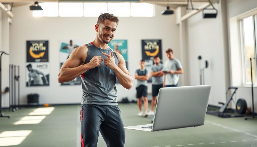 A professional athlete stands confidently at the foreground, dressed in a sleek, modern sports outfit that conveys expertise and approachability. They are engaged in a dynamic teaching pose, demonstrating a specific athletic technique, with focused expression and a slight smile, reflecting encouragement. In the middle ground, a high-tech laptop is open, displaying a vibrant online sports education platform interface, while a few virtual students observe intently, taking notes. The background features a well-lit, contemporary training facility with motivational posters and equipment, enhancing the educational atmosphere. Soft, natural lighting floods the scene, creating a warm, inviting mood. The composition should be captured from a slightly low angle, emphasizing the authority of the athlete in a professional yet approachable manner.
