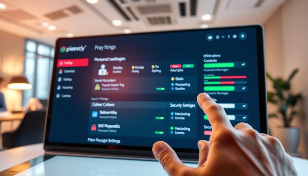 A sleek digital dashboard displaying privacy settings for managing online reputation, featuring a modern user interface with colorful toggles and sliders. In the foreground, a hand interacts with a glowing touchscreen, emphasizing user engagement. The middle layer showcases various sections of the dashboard, including personal information controls, visibility options, and security settings, all arranged in a user-friendly format. In the background, a subtle office environment with soft-focus elements hints at professionalism, illuminated by warm, ambient lighting that creates a focused atmosphere. The angle is slightly above eye level, providing a clear view of the dashboard while maintaining an inviting perspective. The overall mood is informative and empowering, emphasizing control and security in digital identity management.