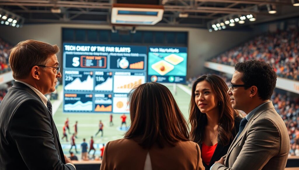 A split scene depicting a tech cheating ethical debate in youth sports. In the foreground, a group of four diverse individuals, dressed in professional business attire, engaged in a lively discussion, with expressions of concern and passion. The middle ground features a large digital display screen illustrating statistics related to technology's impact on fair play, such as graphs and images of sports equipment. In the background, a blurred depiction of a sports arena filled with young athletes, showcasing various sports like soccer and basketball. Soft, warm lighting illuminates the scene, creating an atmosphere of intense contemplation. The camera angle is slightly tilted from above, emphasizing the debate's dynamic nature while keeping the focus on the speakers' animated expressions.