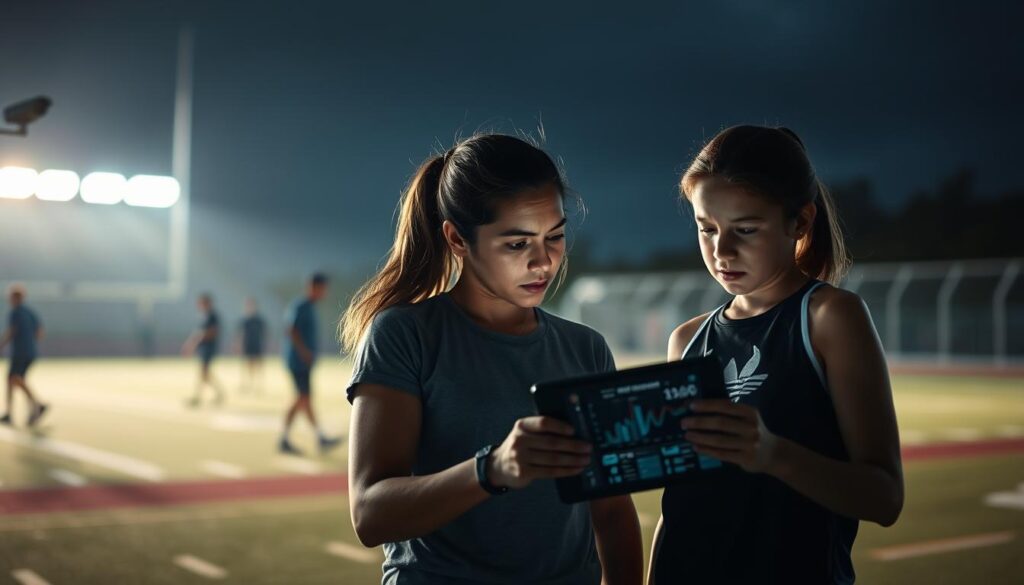A thoughtful composition representing "sports data privacy and youth athlete surveillance." In the foreground, a concerned parent and a youth athlete, both in modest athletic wear, engage in a discussion while examining digital sports data on a tablet, their expressions reflecting worry and curiosity. The middle ground features a blurred background of a sports field with silhouetted figures, hinting at the presence of technology and surveillance cameras, subtly integrated into the scene. The atmosphere is tense yet reflective, illuminated by soft lighting that highlights the subjects' faces while casting a muted glow on the data visuals on the tablet. Use a shallow depth of field to keep focus on the parent and athlete, enhancing the emotional weight of their conversation. The overall mood should evoke a sense of urgency and contemplation regarding privacy and consent in youth sports data.