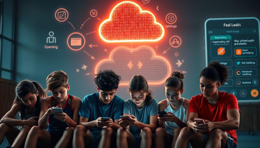 A visually compelling representation of youth digital safety risks in a sports group context. In the foreground, a group of diverse young athletes sit together, focused on their smartphones, dressed in casual athletic wear, appearing concerned about their devices. The middle ground features a large, glowing data cloud symbolizing potential data leaks, with icons of hacking and oversharing hovering around it. In the background, a digital sports app interface is visible, showing vulnerabilities like open settings and notifications. Use soft, dim lighting to create a sense of unease and caution, with a slightly blurred effect to suggest digital distractions. The overall mood should evoke a sense of urgency regarding digital privacy and the importance of safeguarding personal information in team apps.