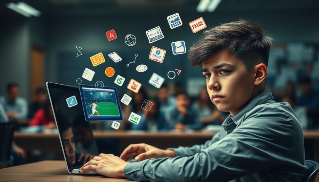 A visually striking scene illustrating the pitfalls of misinformation in digital sports education. In the foreground, a frustrated young person, dressed in smart casual attire, watches a laptop with a distorted sports tutorial on the screen, their brow furrowed in confusion. The middle ground features a chaotic blend of icons representing false information, such as misleading statistics and incorrect sporting techniques, floating around the laptop. In the background, a blurry, crowded digital classroom setting, subtly indicating the prevalence of online learning, with dim lighting adding a serious tone. The overall atmosphere conveys tension and concern, highlighting the critical need for quality control. Use a slightly low-angle view to emphasize the subject's point of view, capturing the emotional impact of misinformation in a vibrant, impactful way.