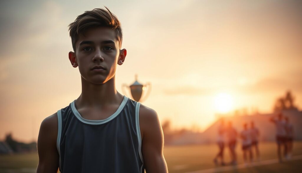 A young athlete stands in the foreground, wearing a modest athletic outfit that reflects determination and resilience. The athlete's expression shows a mix of triumph and introspection, symbolizing both successes and regrets. In the middle ground, we see a blurred backdrop of a sports field, a trophy gleaming in soft, warm light, and faint silhouettes of teammates celebrating in the distance. The background features a sunrise, casting golden hues to signify new beginnings and hope. The scene captures an emotional depth, evoking a sense of nostalgia and ambition. The lighting is soft and natural, enhancing the overall mood of reflection and growth, while the angle is slightly low, empowering the athlete as the focal point.