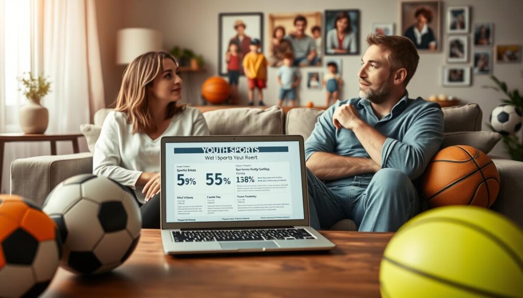 A cozy indoor setting featuring two parents engaged in a thoughtful conversation about youth sports. In the foreground, a mother and father sit on a stylish sofa, both in modest casual clothing, and are surrounded by sports gear like soccer balls and basketballs, symbolizing their children's activities. The middle ground shows a wooden coffee table with a laptop open, displaying statistics and articles about sports participation. The background features family photos on the wall, showcasing their children in various sports. Soft, warm lighting creates an inviting atmosphere, while a shallow focus emphasizes the parents’ engaged expressions. The image reflects a sincere and constructive dialogue about parental involvement and control over children's sports experiences.