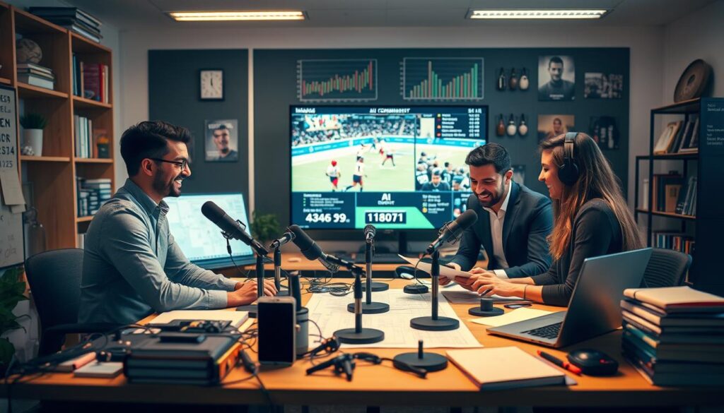 A creative workspace focused on DIY AI commentary, featuring a well-organized desk cluttered with technical tools like microphones, laptops, and coding books. In the foreground, a diverse group of three professionals, dressed in smart casual attire, collaborates enthusiastically over a blueprint for a highlight VO project. The middle ground showcases a large screen displaying sports clips, while graphs and data visualizations float above. The background includes shelves filled with AI-related literature and sports memorabilia. Soft, warm lighting creates a relaxed yet focused atmosphere, while a shallow depth of field emphasizes the teamwork in the foreground. The mood is innovative and collaborative, illustrating the blending of technology and sports commentary in a safe, non-commercial setting.
