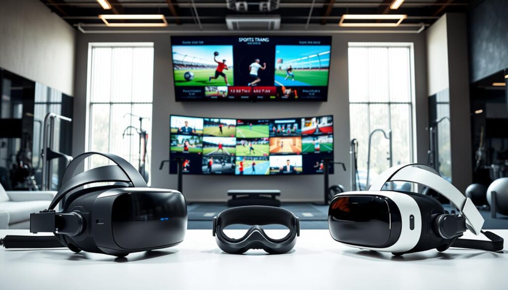 A detailed comparison image of various VR headsets designed for sports training, set in a sleek, modern training environment. In the foreground, showcase a high-end PC VR headset with sophisticated controllers on one side, next to a mobile VR headset and standalone headset on the other, highlighting their differences in design and features. In the middle, display various sports training applications on a large screen, illustrating usage scenarios. The background should feature a well-lit home gym with fitness equipment and a VR training area, creating a dynamic atmosphere. Use bright, natural lighting to give the room an energetic feel, complemented by a wide-angle lens effect to capture the entire scene. The overall mood should be vibrant and informative, emphasizing innovation in sports training technology.