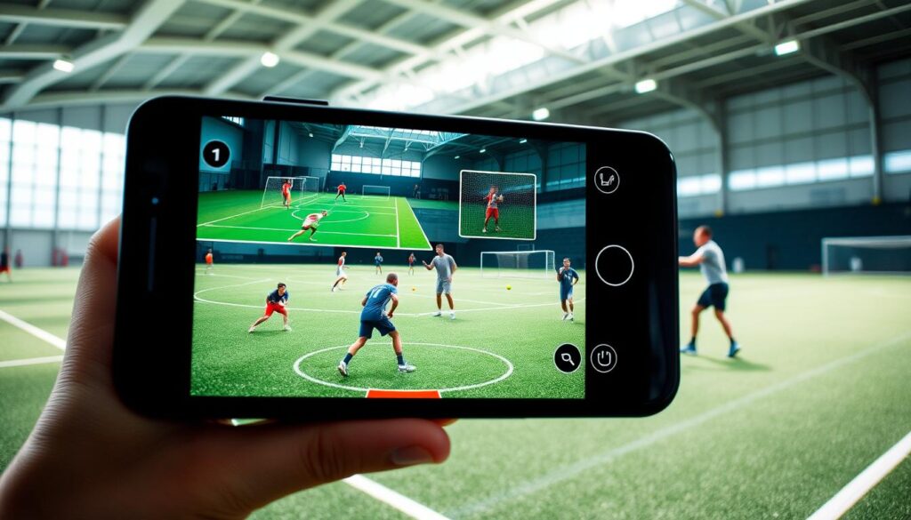 A dynamic and vibrant augmented reality sports drill library scene that showcases various athletic drills. In the foreground, a smartphone displays an AR interface with digital overlays featuring a basketball drill with animated AR defenders trying to intercept passes, alongside soccer players navigating scan gates. The middle ground showcases athletes in modest athletic wear, engaged in cricket fielding angles, tennis ladder drills, and baseball practice, demonstrating focus and teamwork. The background features a modern sports facility with bright, natural lighting, creating an energizing atmosphere. The angle captures the excitement of the drills, highlighting the innovative use of AR technology in sports training. The mood is motivational and inspiring, reflecting the fusion of technology and athleticism.