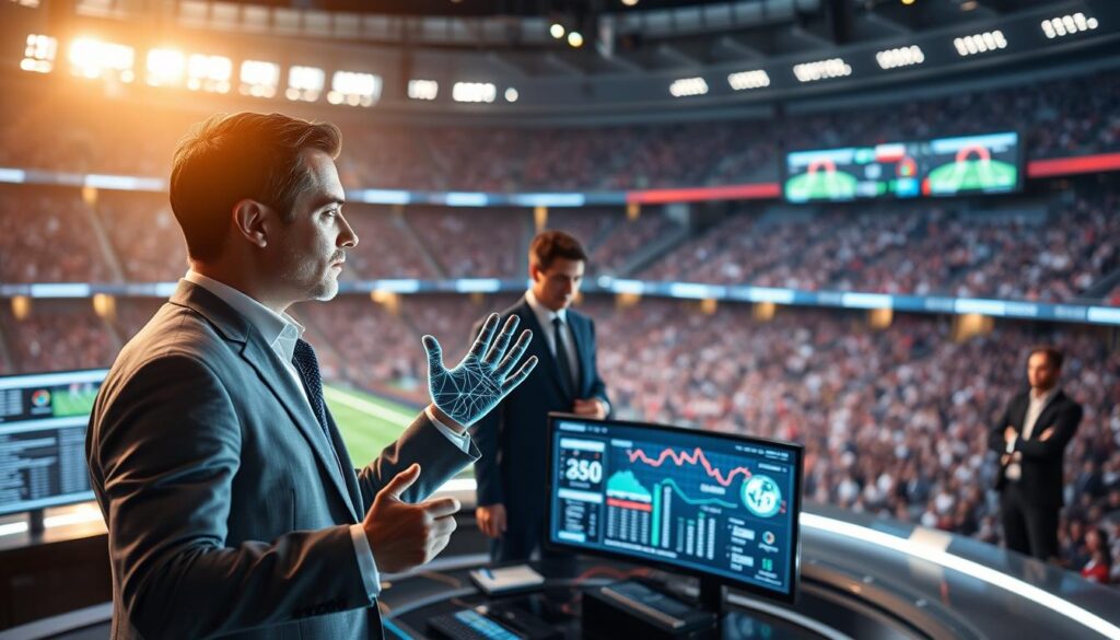 A dynamic scene illustrating AI commentary in sports, featuring a sleek, futuristic sports studio. In the foreground, a professional-looking AI hologram, designed with flowing, illuminated lines representing data and analytics, gestures expressively as it analyzes sports statistics. In the middle ground, a diverse group of analysts—two men and a woman—in business attire, focus on monitors displaying multilingual summaries and context nuggets related to various sports events. The background reveals a vibrant stadium filled with fans, creating an atmosphere of excitement. Soft, ambient lighting highlights the essence of technological advancement and engagement, while a slightly blurred depth of field leads the viewer's eye towards the AI hologram at the center, evoking a sense of innovation and contemporary sports coverage.