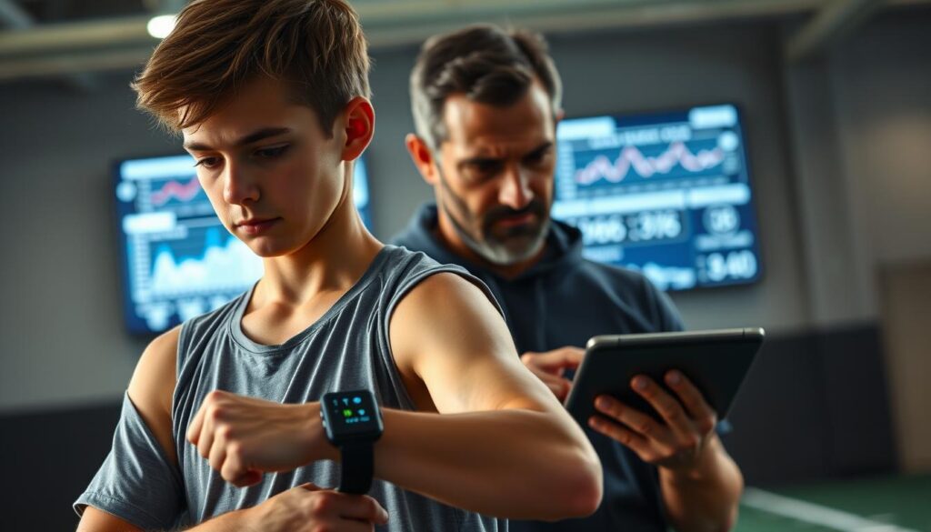 A dynamic scene of a youth athlete in a tech-savvy sports environment, capturing the tension of data tracking and surveillance. In the foreground, a young athlete, dressed in modest sports attire, wears a high-tech fitness tracker on their wrist, deeply focused on a training routine. The middle layer reveals a coach observing and analyzing performance data on a tablet, eyebrows furrowed in concern about surveillance and pressure. In the background, subtle images of screens displaying performance graphs and statistics create a high-tech atmosphere. The lighting is bright and focused, highlighting the athlete while casting gentle shadows around the coach to evoke a sense of seriousness. The overall mood reflects the complexity and ethical dilemmas of data surveillance in youth sports.