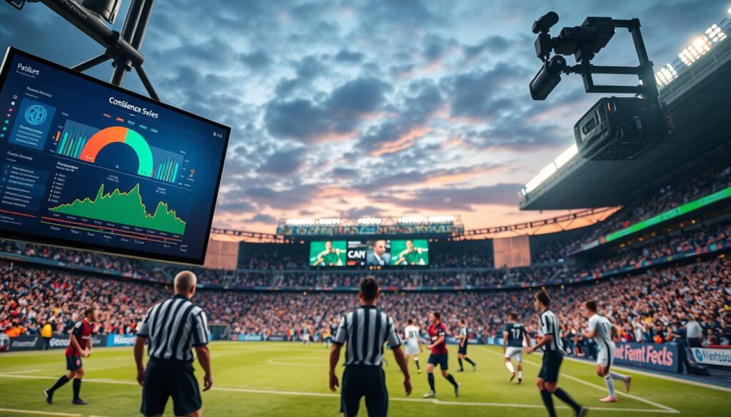 A dynamic sports officiating scene featuring computer vision technology in action. In the foreground, a digital display shows visualized confidence scores, with vibrant graphs and data overlays. In the middle ground, a stadium full of engaged spectators, with clear views of players in professional sports attire competing on the field. In the background, high-tech camera systems and screens showcasing enhanced replay features like Hawk-Eye and semi-automated offside technology against a dusk sky. The lighting is bright and focused, highlighting the technological elements in a modern sports environment. The atmosphere is tense yet anticipatory, depicting a pivotal moment in the game enhanced by cutting-edge officiating tools. The perspective includes a slight bird’s-eye view to incorporate the tech elements prominently.