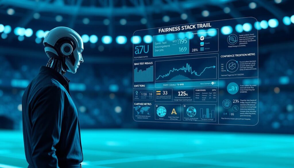 A futuristic digital landscape showcasing AI referees conducting a fairness stack audit trail. In the foreground, a sleek AI referee, depicted as a humanoid figure in a professional business attire, examines a holographic display of bias test results and confidence metrics. In the middle ground, various layers of data visualizations float above a digital field, illustrating complex algorithms and decision-making processes. The background features an abstract representation of a stadium, with blurred lights creating a vibrant, energetic atmosphere. Soft blue and green lighting dominates the scene, enhancing the tech-savvy ambiance. Capture the essence of fairness in sports technology, emphasizing transparency and accuracy in a visually compelling manner, with a focus on innovation and integrity.