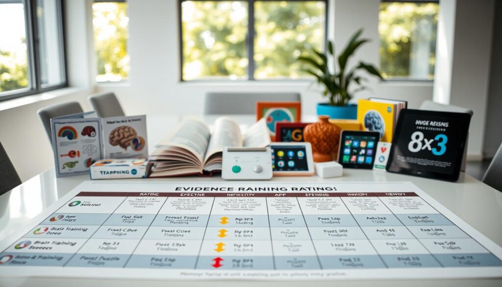 A meticulously designed evidence rating table surrounded by various brain training tools, set in a clean, modern office environment. The foreground features the rating table, with neatly arranged columns showcasing different tools like apps, puzzles, and training programs, each rated with colorful, visually distinct indicators (e.g., green arrows for effective, yellow for neutral, and red for ineffective). In the middle, several brain training tools are artistically displayed: open puzzle books, digital tablets showing brain training apps, and a set of memory games. The background includes a sunlit window with greenery outside, creating an inviting atmosphere. The lighting is bright and natural, highlighting the table and tools, with a slight depth of field focus on the table for emphasis, capturing a sense of professionalism and innovation in brain training techniques.
