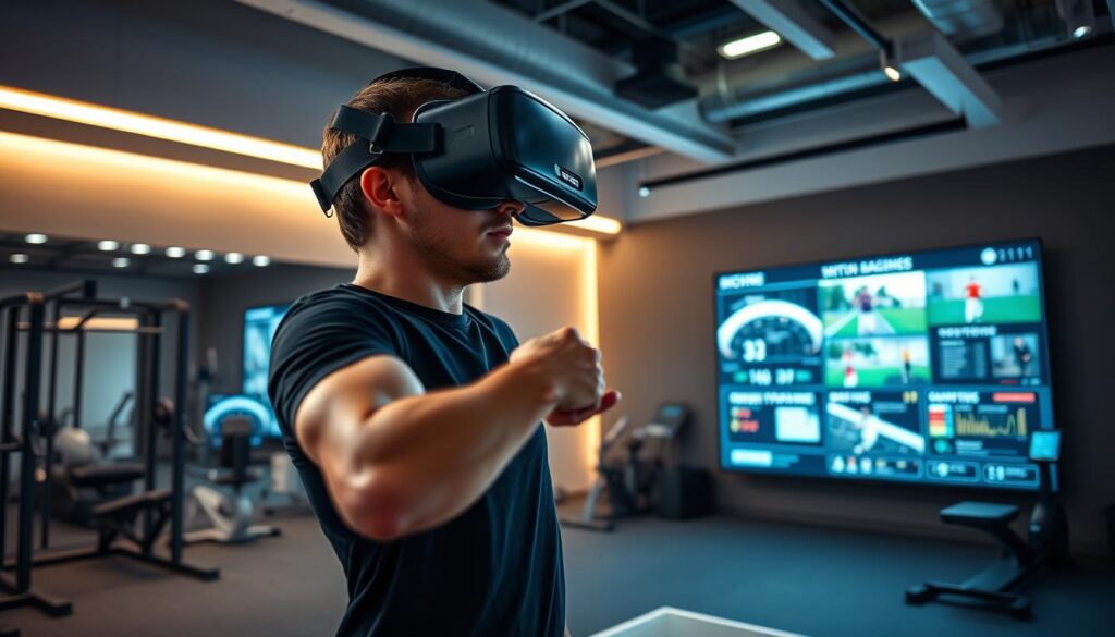 A modern virtual reality sports training setup with a focused athlete in the foreground, wearing a VR headset and motion-capture gear, actively participating in a dynamic sports drill. The middle ground features a large screen displaying engaging highlight clips of the athlete’s previous training sessions being analyzed. In the background, a sleek home gym setup with exercise equipment and digital interfaces showcasing performance metrics, illuminated by bright, ambient lighting. Capture the atmosphere of intense concentration and motivation, with a slight motion blur on the athlete to convey action. Use a low-angle perspective to emphasize the athlete's engagement and the immersive technology, while soft shadows add depth to the scene.