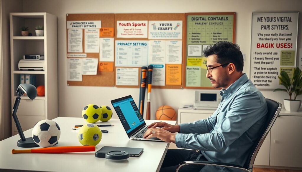 A modern, well-lit home office space showcasing a parent using a laptop to manage parental controls for youth sports. In the foreground, a focused parent in smart casual attire sits at a sleek desk with an open laptop displaying user-friendly sports apps. In the middle, colorful sports equipment like soccer balls and baseball bats are neatly arranged, symbolizing youth sports. In the background, a bulletin board filled with schedules, charts about privacy settings, and positive affirmations about digital involvement creates an organized, encouraging atmosphere. Soft natural light filters through a window, casting a warm glow over the scene, promoting a sense of security and proactive engagement.
