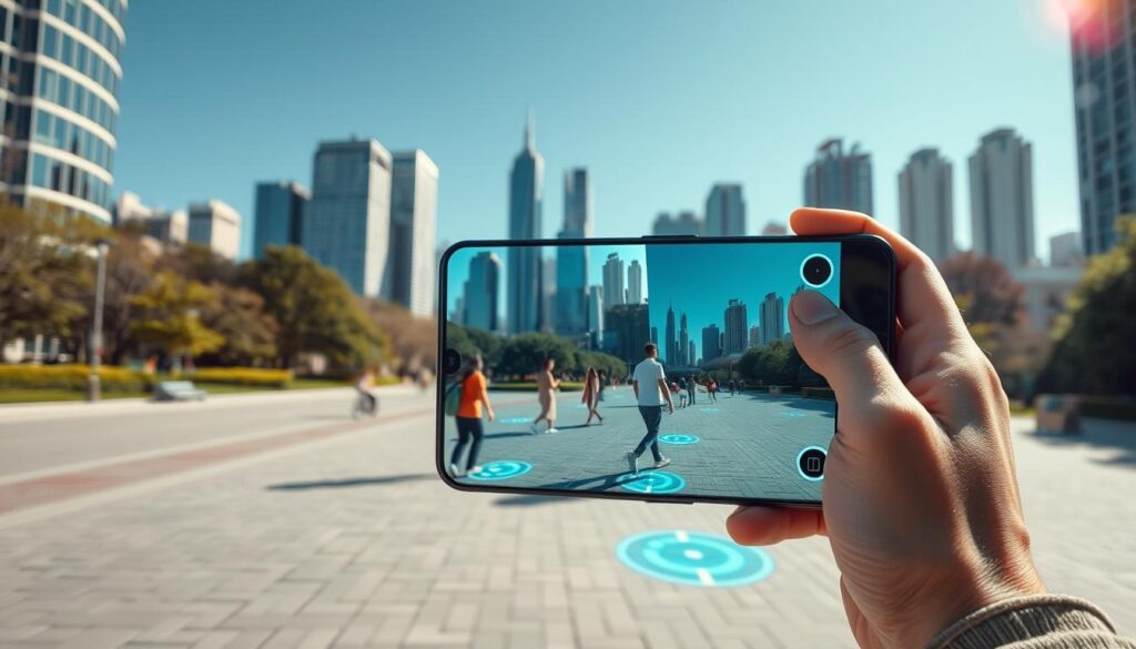 A scene depicting spatial anchors in augmented reality, showcasing a modern urban environment with a city park in the foreground. In the foreground, a smartphone screen displays an interactive AR interface, with bright, glowing spatial anchors marked on the ground. A hand is seen holding the phone, dressed in modest casual attire. In the middle ground, people walk through the park, interacting with AR elements like a virtual game interface overlaying the real world. In the background, tall buildings create a lively city skyline under a clear blue sky. Soft, natural lighting illuminates the scene, with a slight lens flare effect for emphasis. The atmosphere is vibrant and engaging, representing the seamless integration of digital content with the physical world.