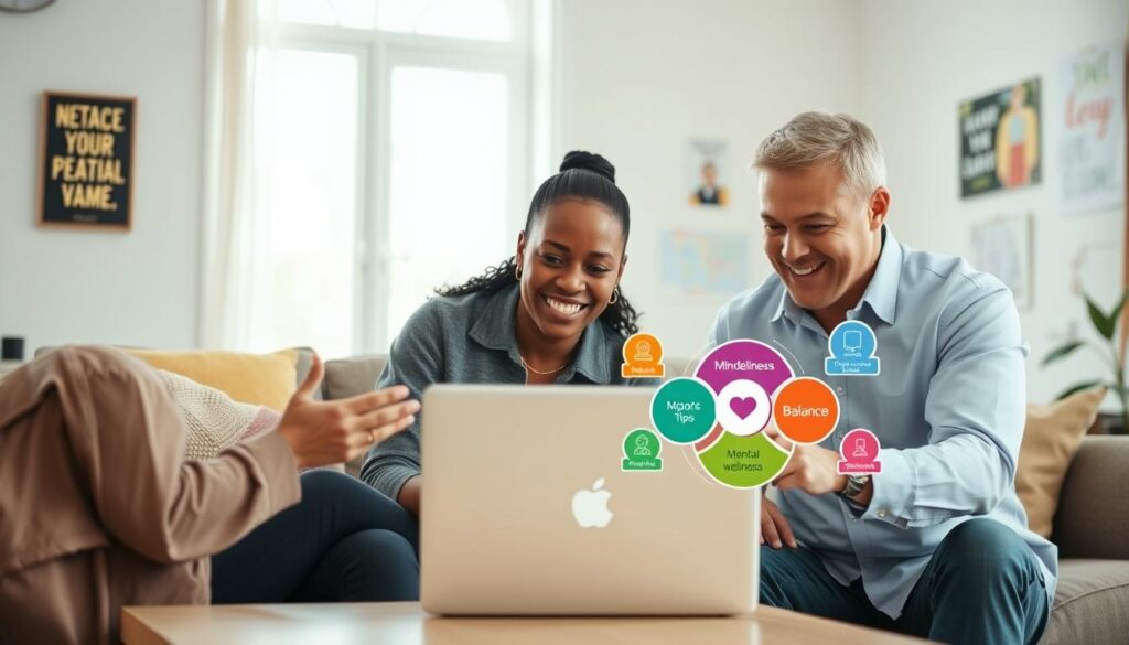 A serene yet dynamic scene depicting a digital coaching session focused on mental health. In the foreground, a parent and a coach are actively engaging in conversation over a laptop, both dressed in modest, professional attire. The coach, appearing supportive and empathetic, gestures towards the screen, illustrating a point. In the middle ground, a colorful infographic with icons representing mental wellness tips—like mindfulness, communication, and balance—floats near the laptop, visually connecting the audience to the digital coaching aspect. The background shows a cozy, inviting room with soft lighting, large windows allowing natural light, and motivational posters on the walls. The mood is optimistic and focused, reflecting a collaborative effort to support youth athletes' mental health through technology.