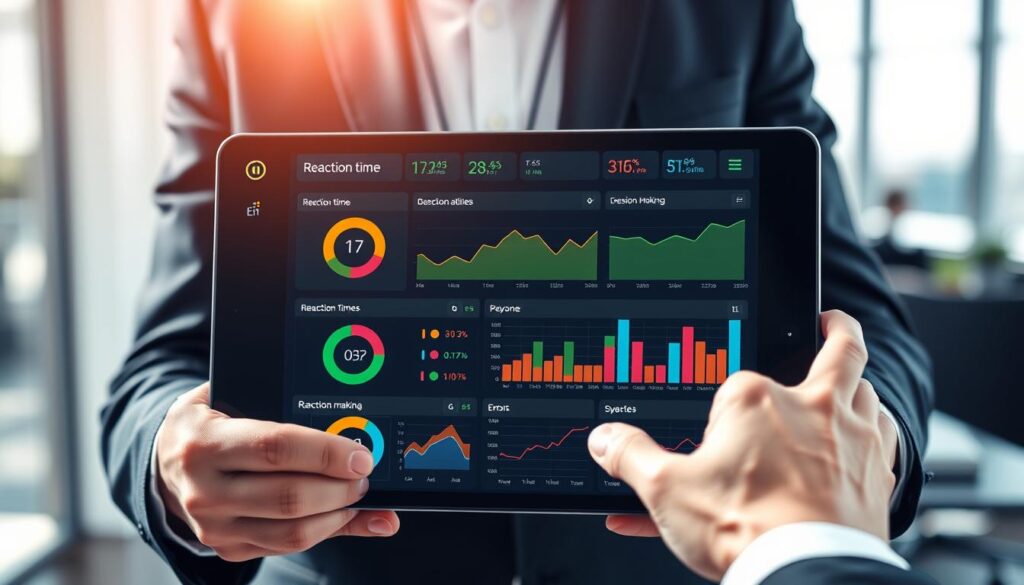 A sleek and modern dashboard interface showcasing reaction time apps. In the foreground, a pair of hands, clad in professional business attire, are interacting with a touchscreen, displaying vibrant visualizations of reaction times and decision-making metrics. In the middle layer, colorful graphs and charts illustrate data analysis, including speed and error rates, with sections highlighted for easy reference. The background features a subtle blur of an office environment, emphasizing productivity and focus. Bright, natural lighting enhances the technological aesthetic, while a slight lens flare adds a dynamic touch. This image evokes a sense of innovation and seriousness in brain training, capturing the essence of performance measurement in sports. The overall atmosphere should be professional and engaging, inviting viewers to learn more about optimizing cognitive skills.