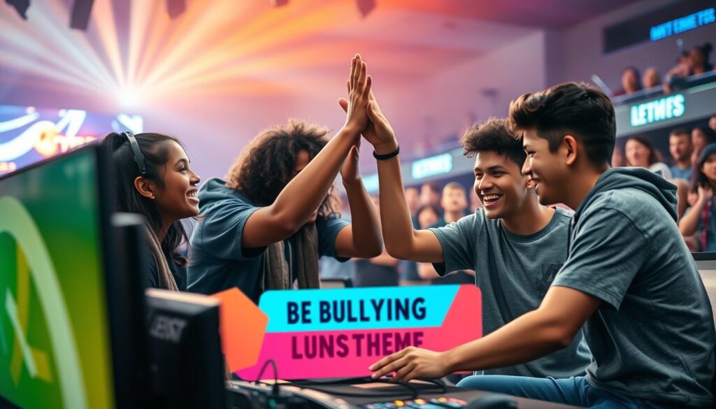 A vibrant and engaging esports scene depicting diverse young athletes gathered around a gaming setup, showcasing a positive atmosphere of camaraderie and support. In the foreground, a group of four players, dressed in modest casual clothing, are joyfully collaborating on a game, celebrating a victory with high fives. Their expressions radiate enthusiasm and encouragement. In the middle ground, a colorful banner displays uplifting anti-bullying messages subtly integrated into the gaming environment. The background features an esports arena with bright, dynamic lighting illuminating the space, casting a warm glow over the players. A soft focus on cheering fans adds a sense of community. The overall mood is inclusive and empowering, highlighting teamwork and resilience against bullying.