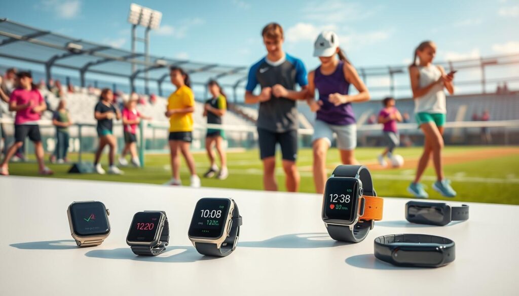 A vibrant and informative scene showcasing best practices for sports wearable devices. In the foreground, an assortment of sleek, modern wearable gadgets—smartwatches, fitness trackers, and heart rate monitors—are displayed on a clean, minimalist surface. In the middle ground, a group of young athletes, dressed in professional sports attire, are engaged in various activities while using these devices, highlighting their functionality and applications in youth sports. The background features a lively outdoor sports facility, with clear blue skies and enthusiastic spectators. Soft, natural lighting enhances the atmosphere, creating a sense of positivity and energy. The image should convey a mood of innovation, safety, and ethical responsibility in sports performance tracking.