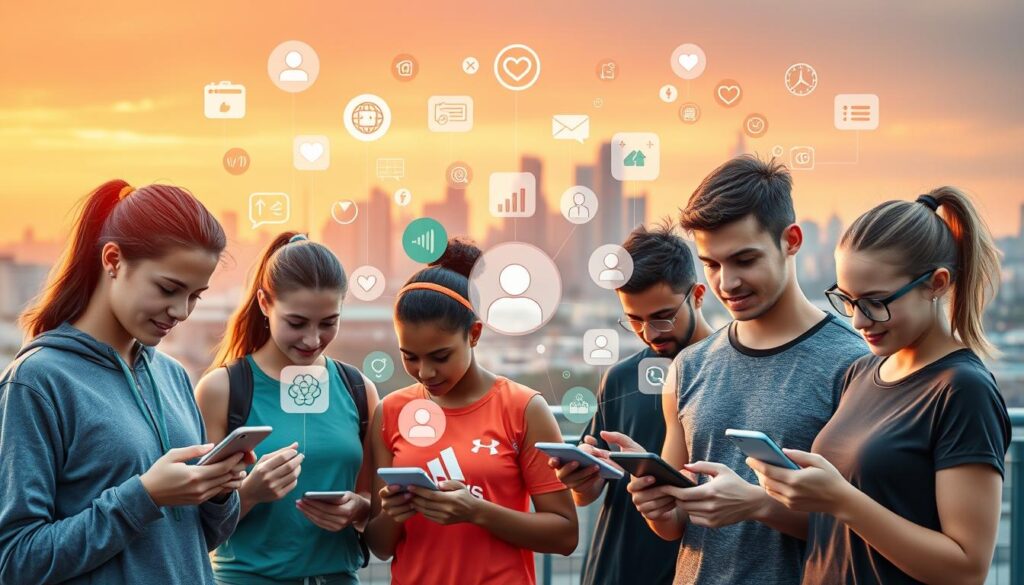 A vibrant digital ecosystem showcasing youth athletes engaging with various technology solutions for mental health support. In the foreground, diverse young athletes are focused on their smartphones and tablets, wearing casual athletic wear, actively using mental health apps and chat platforms. The middle layer features a stylized representation of social media icons, mental health symbols, and digital communication, interspersed with visual elements like heartbeats and chat bubbles. In the background, a serene, modern cityscape at sunset symbolizes connection and progress, with warm lighting creating a hopeful atmosphere. Use a wide-angle lens to encapsulate the lively interactions and technological elements, conveying an empowering and supportive mood tailored for youth.