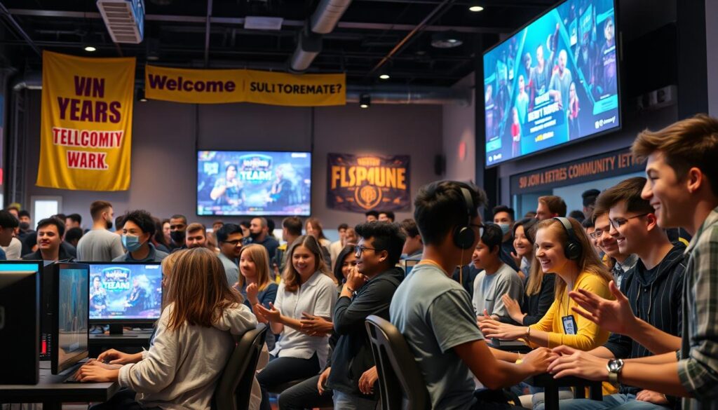 A vibrant esports community gathering in a welcoming, brightly lit gaming center. In the foreground, a diverse group of young people of various ethnicities, dressed in modest casual clothing, are engaged in friendly competition on gaming consoles. The middle layer showcases large screens displaying game tournaments and community events, with cheerful spectators clapping and enjoying the atmosphere. In the background, banners promoting teamwork, diversity, and positive values hang on the walls. The lighting is soft and warm, enhancing the sense of camaraderie. The overall scene radiates a joyful, inspiring mood, emphasizing the theme of community building within esports through connection and collaboration.