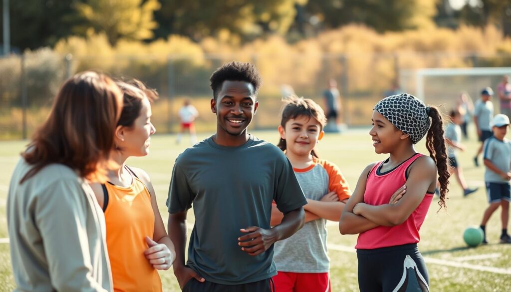 A vibrant scene depicting a diverse group of youth athletes and coaches engaged in a lively discussion on fairness in sports. In the foreground, two coaches, one of Asian descent and the other Black, dressed in smart casual attire, enthusiastically exchange ideas with three young athletes: a Caucasian girl, a Hispanic boy, and a Middle-Eastern girl, all wearing athletic gear. The middle ground features an outdoor sports field bustling with activity, sunlight casting warm rays, creating a motivational atmosphere. In the background, blurred images of other young players practicing, symbolizing the community spirit of youth sports. The lighting is bright and inviting, capturing the determination and hope in their expressions, with a shallow depth of field to emphasize the interaction between the coaches and athletes.