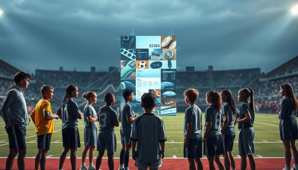 A visually compelling representation of algorithmic bias in sports AI training data. In the foreground, a diverse group of youth athletes in professional athletic attire, symbolizing fairness and diversity, examines a large, transparent digital display showing skewed data patterns and algorithmic outputs. In the middle ground, a split scene reveals a collage of various sports equipment and datasets, illustrating how biased data can influence sports decisions. The background depicts a sports field under soft, ambient lighting, with blurred silhouettes of spectators, evoking a sense of anticipation and fairness. The atmosphere is tense yet hopeful, reflecting the ongoing struggle for equity in youth sports. Use a wide-angle lens for dramatic effect.