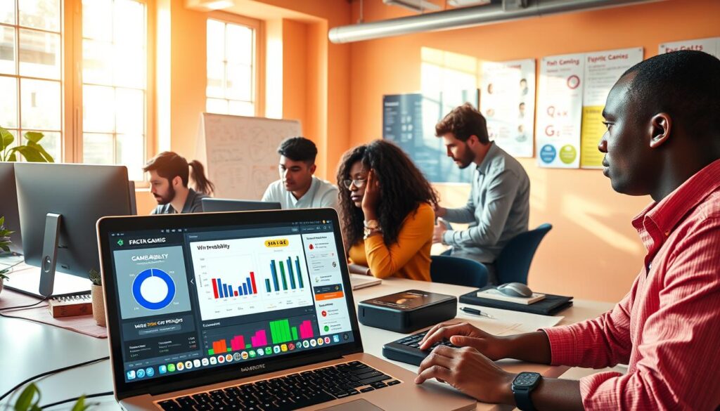 A bright, engaging workspace filled with vibrant colors, showcasing a team of diverse professionals engrossed in coding at their computers. In the foreground, a laptop displays a colorful user interface of a no-money prediction game, with graphs and statistics reflecting a win-probability tool. In the middle, individuals are collaborating, discussing strategies, and taking notes on whiteboards filled with diagrams. The atmosphere feels dynamic and innovative, with warm, natural lighting streaming through large windows, casting soft shadows. In the background, posters on the walls highlight game concepts and coding languages. The scene conveys a sense of teamwork and creativity, emphasizing safe gaming practices in a professional and inviting environment.