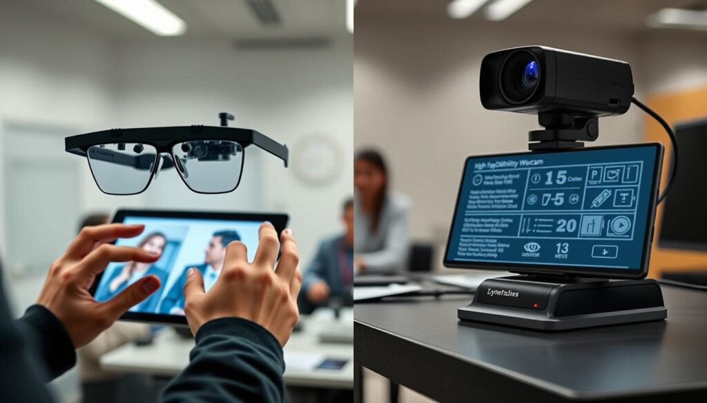 A comparison image featuring two types of eye-tracking hardware: on the left, a sleek set of modern wearable glasses equipped with advanced eye-tracking technology, showing intricate sensors, ergonomic design, and a slightly futuristic aesthetic. On the right, a high-definition webcam with detailed specifications displayed on a sleek desk setup. The foreground includes a pair of hands analyzing equipment on a tablet screen, engaged in discussion. The middle ground showcases a blurred classroom or lab setting, highlighting a focus on technology. The background features soft, diffused lighting that creates an informative and professional atmosphere. The overall mood is one of innovation and exploration, with an emphasis on the contrast between wearables and webcams in eye-tracking applications.