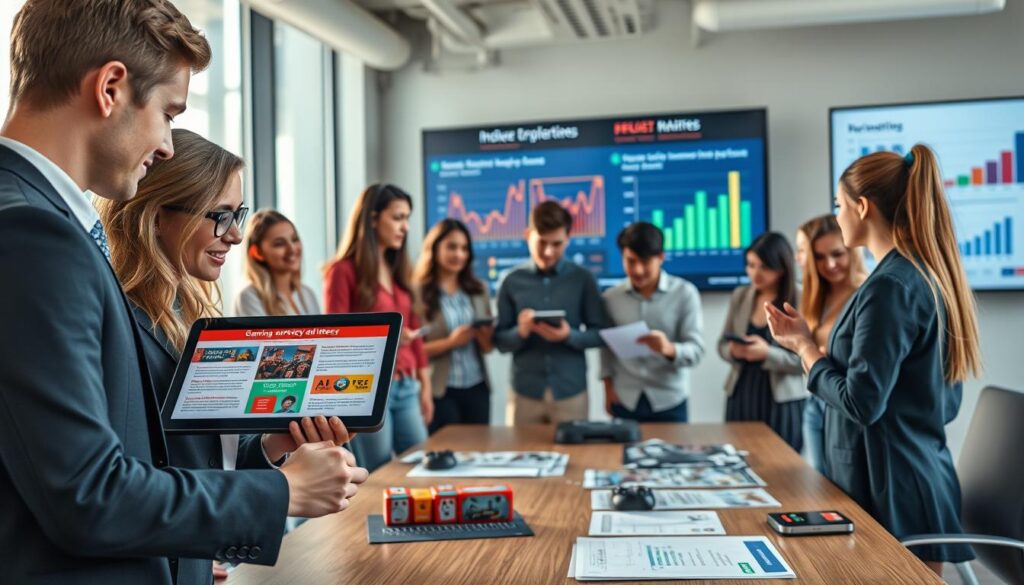 A dynamic, professional office environment where a diverse group of young adults are engaged in a lively discussion about ad literacy in gaming. In the foreground, a male and female professional in business attire, examining colorful infographics on a tablet displaying key gaming marketing tactics like "risk-free" and "house edge". In the middle, a conference table laden with printed marketing materials and examples of loot boxes, surrounded by focused individuals analyzing gameplay statistics. The background features a large screen with graphs and figures illuminating important data. Bright, natural lighting filtering through large windows enhances a collaborative atmosphere, while fostering a sense of urgency and awareness in the learning process about gaming marketing ethics and influencer incentives. The angle captures the intensity of the discussion and the interaction between participants.