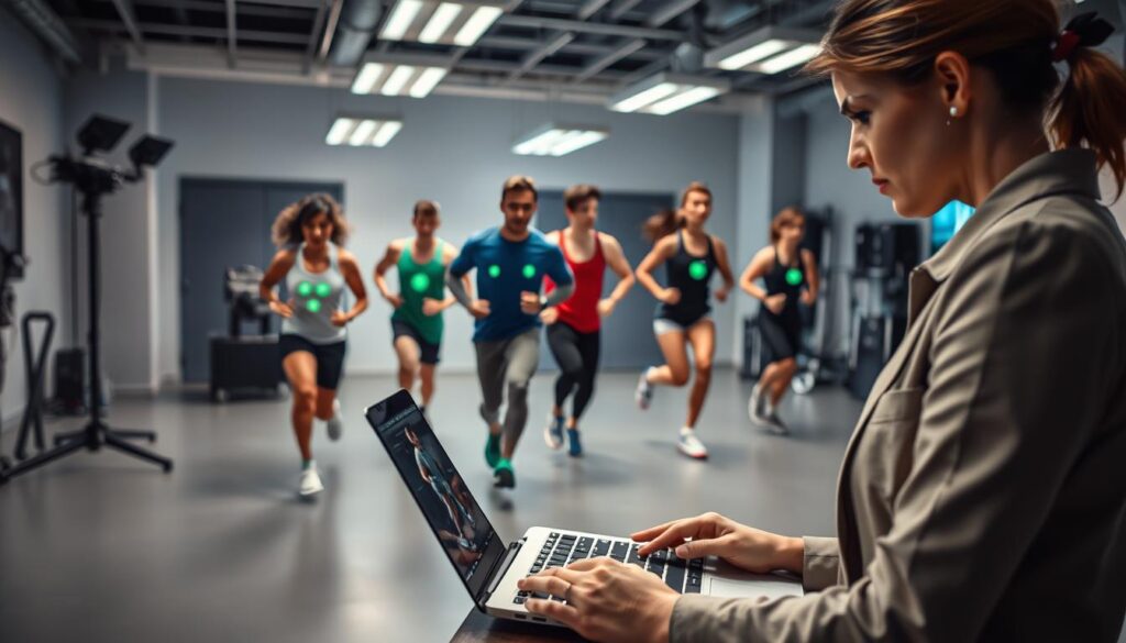 A dynamic scene illustrating biomechanics and motion analysis in athletic performance. In the foreground, a focused female sports scientist, dressed in professional attire, analyzes motion capture data on a high-tech laptop. In the middle ground, a diverse group of athletes in athletic wear is seen performing various movements, such as running and jumping, with motion capture markers attached to their bodies. In the background, a sleek, modern sports lab filled with advanced technology, such as 3D motion analysis cameras and biomechanical equipment, is visible. Soft, natural lighting highlights the athletes and the workspace, creating an inspiring atmosphere of innovation and professionalism. The angle is slightly elevated, capturing both the athletes and the technology in action, emphasizing the intersection of sports and science. A dynamic scene illustrating biomechanics and motion analysis in athletic performance. In the foreground, a focused female sports scientist, dressed in professional attire, analyzes motion capture data on a high-tech laptop. In the middle ground, a diverse group of athletes in athletic wear is seen performing various movements, such as running and jumping, with motion capture markers attached to their bodies. In the background, a sleek, modern sports lab filled with advanced technology, such as 3D motion analysis cameras and biomechanical equipment, is visible. Soft, natural lighting highlights the athletes and the workspace, creating an inspiring atmosphere of innovation and professionalism. The angle is slightly elevated, capturing both the athletes and the technology in action, emphasizing the intersection of sports and science.