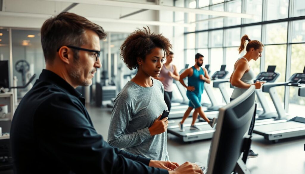 A dynamic scene in a modern sports science laboratory, showcasing exercise physiology and technology. In the foreground, a focused sports scientist in professional attire analyzes data on a computer screen, surrounded by high-tech equipment like motion sensors and heart rate monitors. In the middle ground, diverse athletes, dressed in modest sportswear, engage in various exercises while wearing wearable tech devices. The background features advanced machinery, such as treadmills and biomechanical analysis tools, with large glass windows allowing natural light to flood the room, enhancing the energetic atmosphere. The overall mood conveys innovation and professionalism, emphasizing the intersection of exercise physiology and cutting-edge technology in career paths within sports science. Soft lighting highlights the intricate details of the equipment and the determination of the athletes. A dynamic scene in a modern sports science laboratory, showcasing exercise physiology and technology. In the foreground, a focused sports scientist in professional attire analyzes data on a computer screen, surrounded by high-tech equipment like motion sensors and heart rate monitors. In the middle ground, diverse athletes, dressed in modest sportswear, engage in various exercises while wearing wearable tech devices. The background features advanced machinery, such as treadmills and biomechanical analysis tools, with large glass windows allowing natural light to flood the room, enhancing the energetic atmosphere. The overall mood conveys innovation and professionalism, emphasizing the intersection of exercise physiology and cutting-edge technology in career paths within sports science. Soft lighting highlights the intricate details of the equipment and the determination of the athletes.