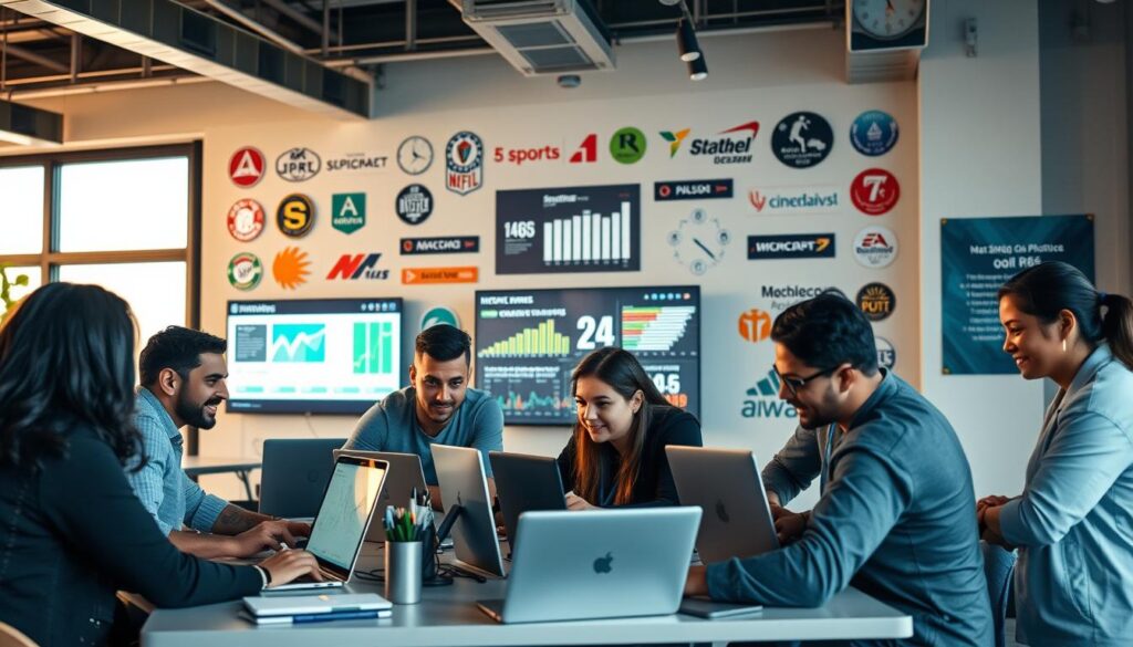 A dynamic scene showcasing a diverse group of professionals engaged in a sports tech hackathon, set inside a modern, well-lit co-working space. In the foreground, a team of enthusiastic individuals clad in professional attire are collaborating over laptops, analyzing datasets on screens. The middle ground features a large digital display showcasing sports statistics and innovations. The background includes a wall adorned with various sports tech logos and banners, enhancing the entrepreneurial atmosphere. Soft, natural lighting streams through large windows, creating an inviting ambiance. The mood is vibrant and focused, reflecting innovation and teamwork in the evolving field of sports technology.