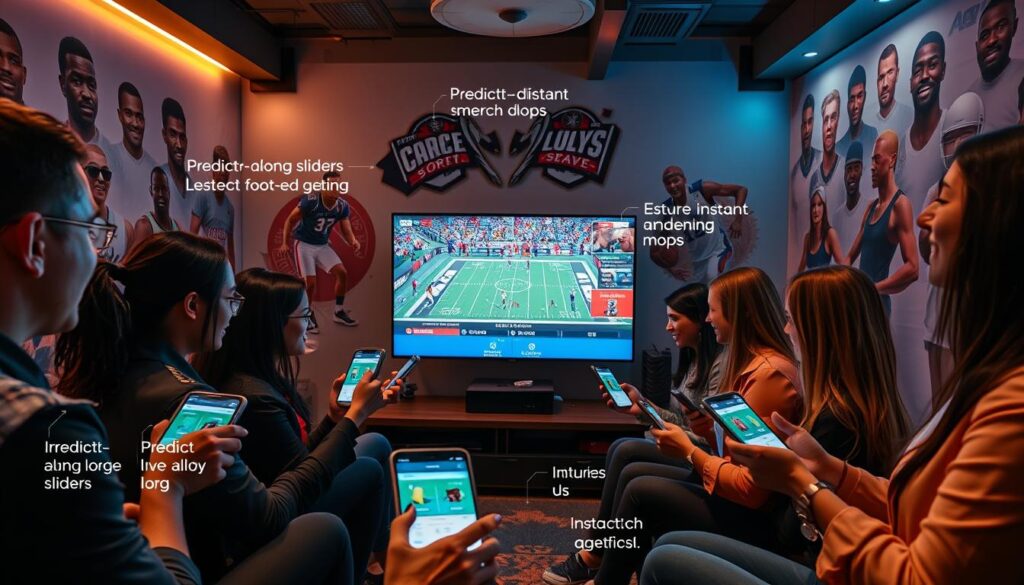 A dynamic scene showcasing interactive live sports features set in a modern viewing environment. In the foreground, a diverse group of friends in professional casual clothing are engaged with handheld devices, using predict-along sliders and answering trivia questions displayed on sleek screens. In the middle, a large TV screen broadcasts a live sports match with lively graphics illustrating polls and instant merch drops. Surrounding the co-watch room are elements like bright LED lights adding excitement, and mood-enhancing ambient light. The background features a vibrant atmosphere reminiscent of a sports bar, with wall decorations celebrating famous athletes, creating a sense of community and engagement. The angle is slightly overhead, capturing both the interaction and the immersive environment. The overall mood is lively, energetic, and inviting.