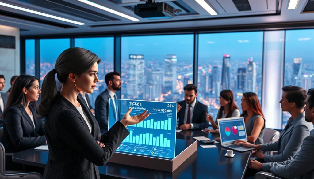A futuristic conference room filled with diverse 3D avatars representing various business professionals, each engaged in discussions about innovative business models. In the foreground, a confident female avatar in a tailored blazer gestures towards a holographic display showcasing ticket pricing and sponsorship opportunities. The middle layer features male and female avatars analyzing data charts in a sleek digital projector. The background displays a panoramic window overlooking a vibrant, high-tech cityscape illuminated by city lights. Soft, ambient lighting enhances the dynamic atmosphere while maintaining a sense of collaboration and creativity. The camera angle captures a slightly elevated view to emphasize the interaction and engagement among the avatars.