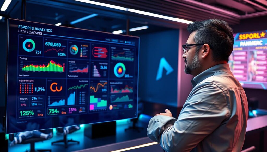 A futuristic esports coaching data analytics dashboard displayed on a high-resolution screen in a modern, sleek gaming environment. In the foreground, a professional esports coach, dressed in smart casual attire, is deeply focused on the data visualizations, standing beside a holographic interface filled with colorful charts, graphs, and performance metrics. In the middle ground, a dimly lit room filled with multiple screens showcasing real-time game statistics, player performance, and team strategies, with ambient blue and green lighting creating a tech-savvy atmosphere. In the background, a digital scoreboard highlights player rankings and achievements. The scene conveys a sense of intensity and professionalism, blending traditional sports science with cutting-edge technology.