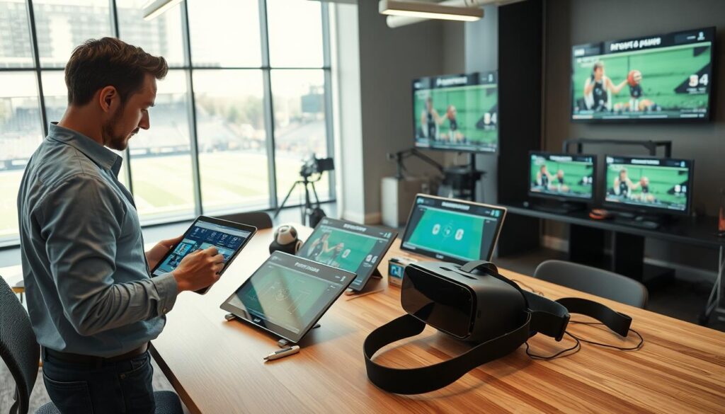 A modern workspace featuring an array of innovative sports tech product designs. In the foreground, a professional wearing casual business attire is engaged with a sleek tablet, showcasing a pose-tracking app interface. In the middle, various prototypes of the AR playbook and shot-chart app are displayed on a table, with realistic screens brightened by natural LED lighting. A virtual reality headset sits next to an interactive VR reaction game setup. In the background, a large window offers a view of a sports field, while digital screens display fan-poll overlays. The atmosphere is dynamic and inspiring, emphasizing creativity and the future of sports technology. Utilize a wide-angle perspective to capture the depth and variety of projects, ensuring a bright, well-lit, and inviting environment.
