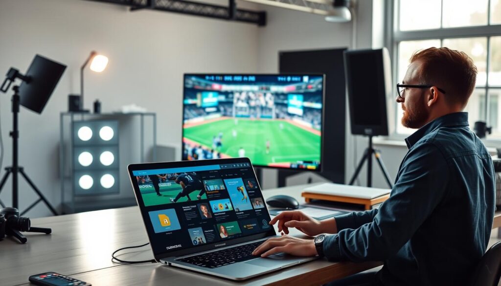 A modern workspace showcasing live commerce overlays for a sports streaming application. In the foreground, a sleek laptop displays vibrant, interactive overlays such as polls, product recommendations, and scoreboards, all rendered in an intuitive user interface. To the right, a designer wearing smart casual attire adjusts the layout on the screen. In the middle, a large monitor shows a live sports event, with colorful, dynamic overlays blending seamlessly into the action. The background features a bright, well-lit studio space with clean lines and organized tools, creating a tech-savvy, collaborative atmosphere. Soft, natural light filters in through large windows, casting a warm glow on the setup, evoking a sense of innovation and excitement in live sports engagement.