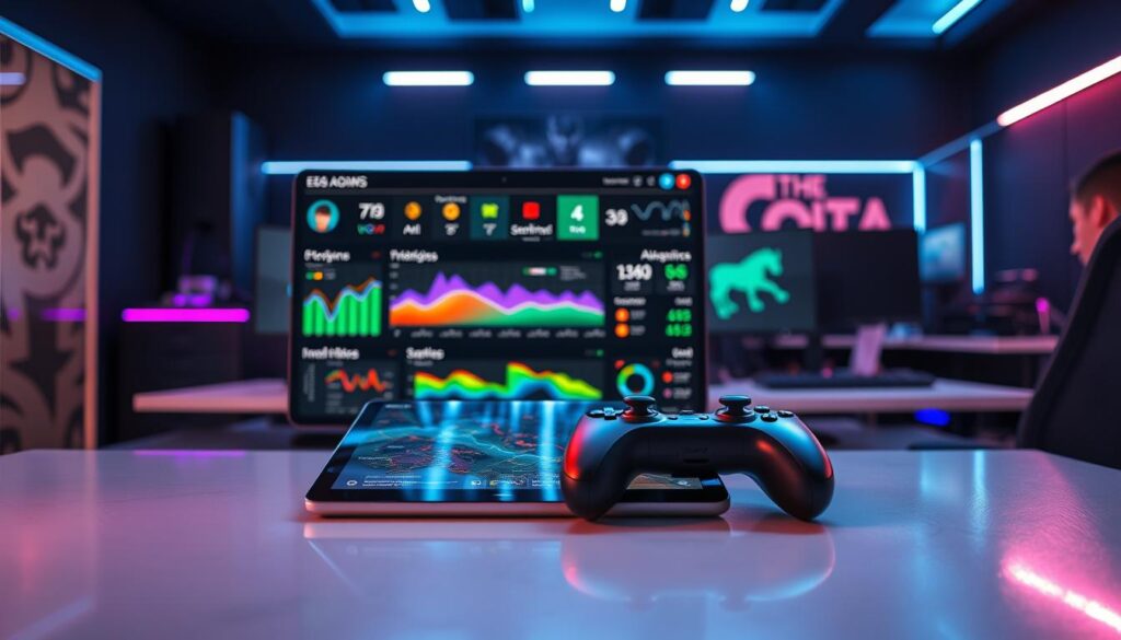 A sleek, modern gaming performance analysis dashboard designed for team communication, featuring a vibrant interface displaying real-time analytics, player statistics, and strategy maps. In the foreground, a digital tablet and game controller rest on a polished desk, symbolizing engagement. The middle layer showcases a visually appealing dashboard interface with colorful graphs, heat maps, and icons representing teamwork and strategy. The background exhibits a stylish esports team workspace, dimly lit with blue and purple ambient lights. The mood is focused and intense, reflecting a cutting-edge technology environment. Capture this scene with a slight bird's-eye view angle, emphasizing depth and layering, using soft, glowing light to enhance the futuristic atmosphere while ensuring no human subjects are present in the image.