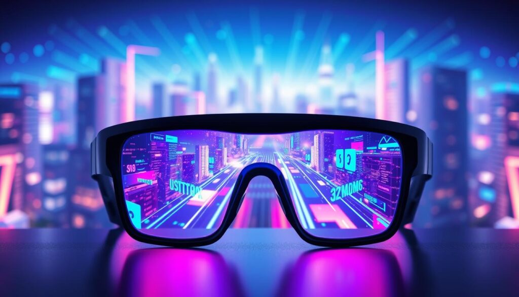 A sleek pair of AR glasses sits prominently in the foreground, reflecting a vibrant array of holographic data and 3D visuals. In the middle ground, a digital representation of network bandwidth flows like glowing streams, showcasing various data rates in a visually striking manner. The background features an abstract cityscape filled with futuristic buildings and dynamic light patterns that suggest advanced technology. Soft blue and purple lighting casts an ethereal glow across the scene, enhancing the sense of innovation. The atmosphere is one of excitement and potential, capturing the essence of cutting-edge devices and the realities of bandwidth in volumetric streaming. A slight depth of field effect brings focus to the AR glasses while gently blurring the dynamic background, creating a sense of immersion.